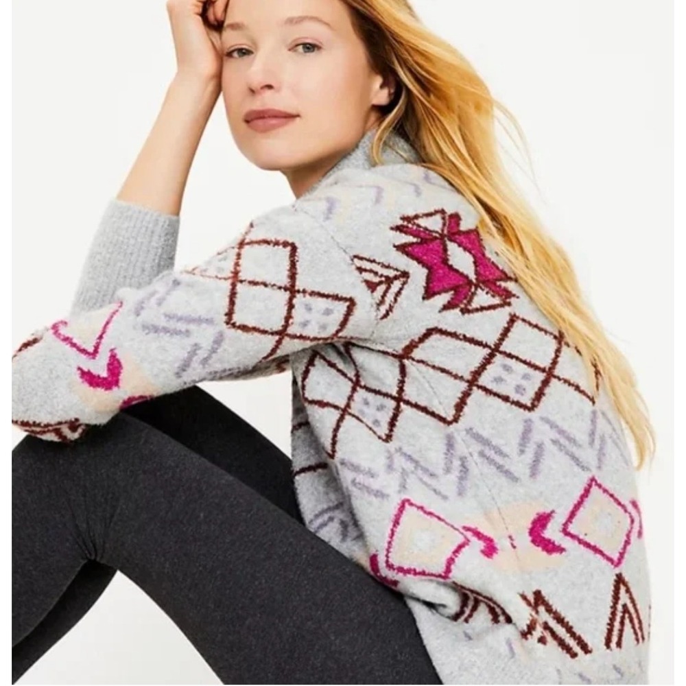 Lou & Grey Fair Isle Tunic Sweater Women's L Pebble Grey Heather‎ Mock Neck NWT